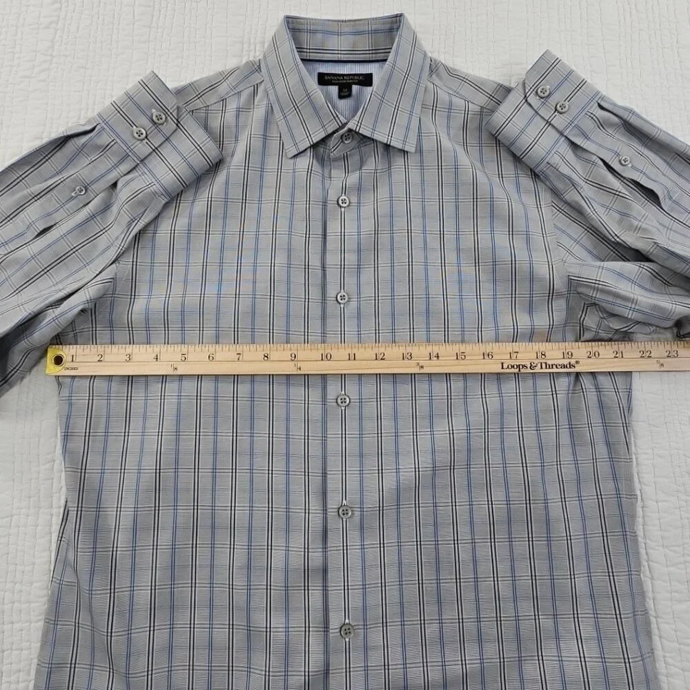 Banana Republic Non-Iron Shirt‎ Men's M Gray Blue Check Slim Fit EUC Long Sleeve
